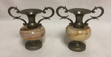 Vintage SET of 2 double-handled STONE and BRASS URNS TROPHIES BUD VASES 3 1/4"