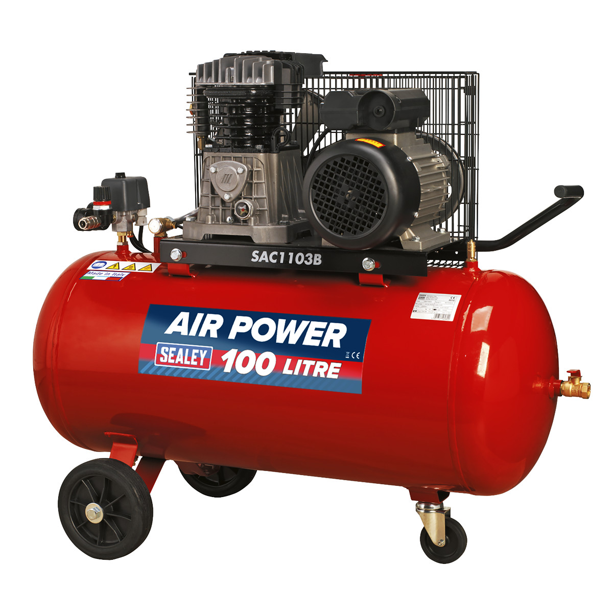 Sealey SAC1103B Compressor 100L Belt Drive 3hp with Cast Cylinders & Wheels