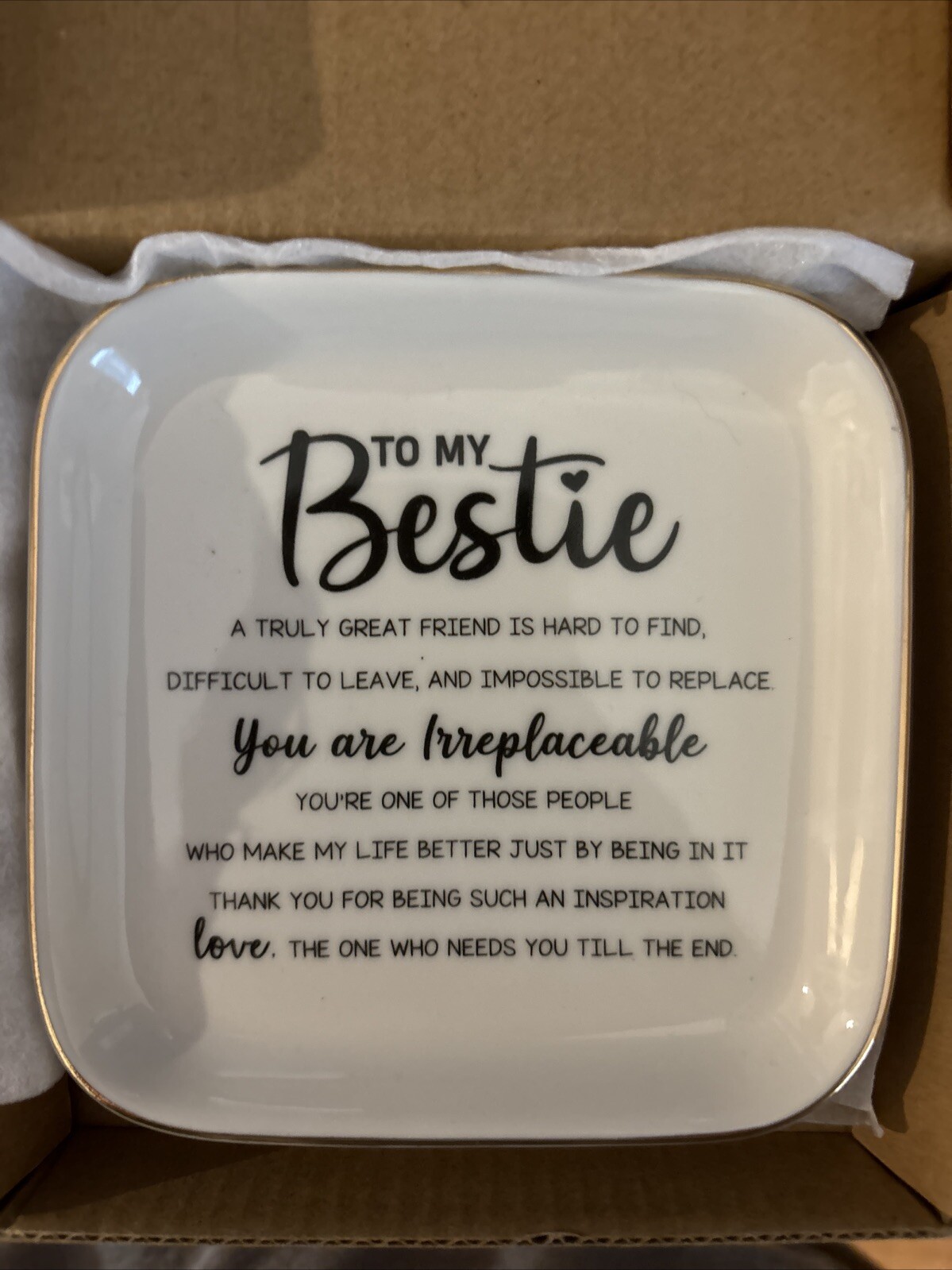 White Bestie Ring Dish For best friend Gifts With Gold Accents — NEW
