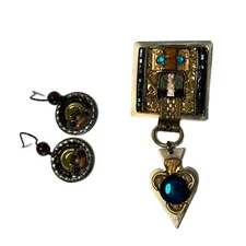 Ayala Bar Handmade Artisan Multi Color Brooch and Earrings Set