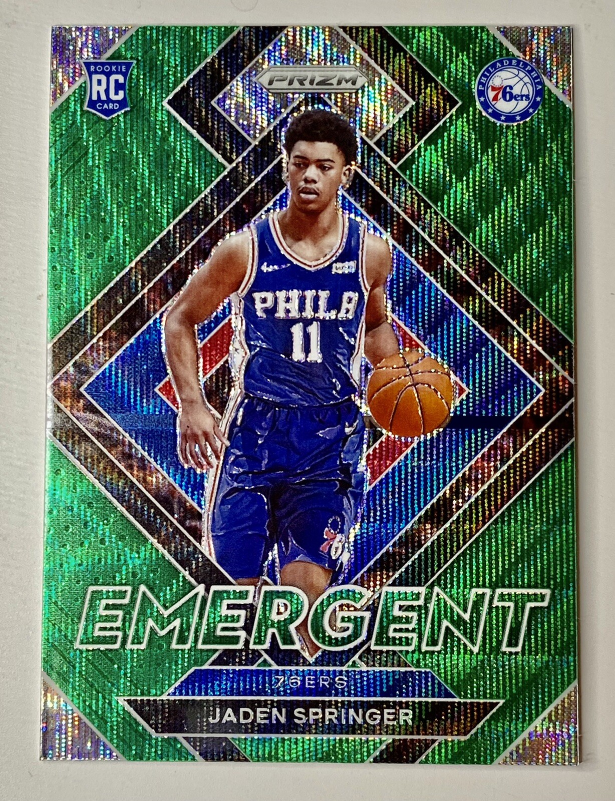 2021-22 Panini Prizm NBA Jaden Springer Emergent ☘️Green Wave Rookie RC SP 76ers