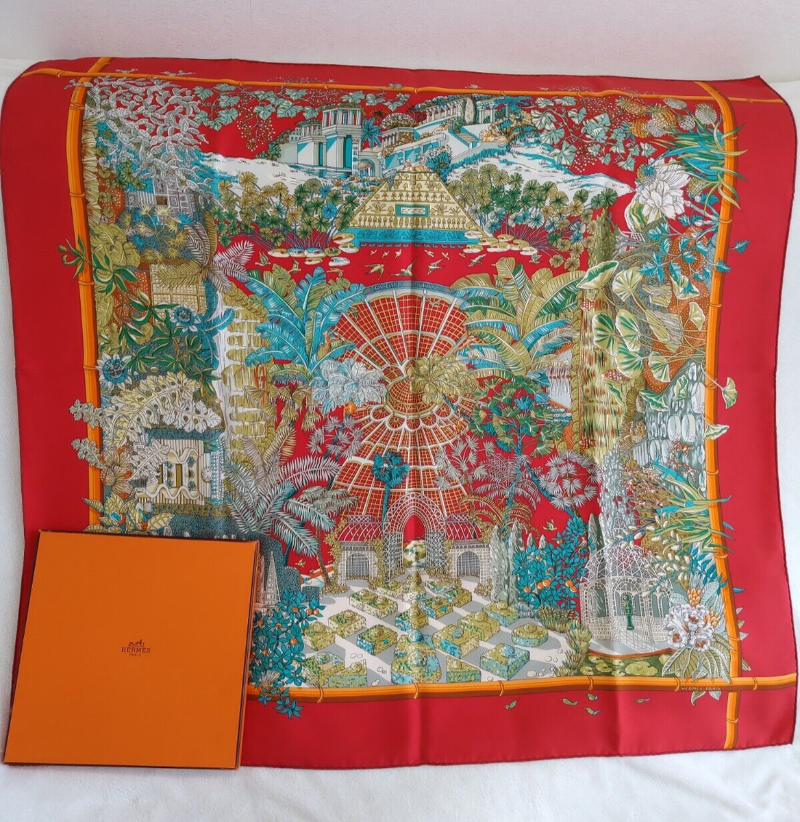 HERMES Carre JARDINS D'HIVER by Annie Faivre Silk Red Turquoise
