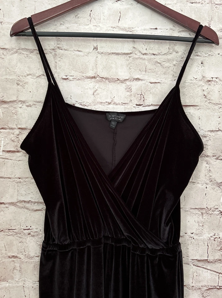 TOPSHOP Mono Mujer 12 Negro Terciopelo Sin Mangas Imitación Envoltura Cintura Elástica Foto 2 de 4