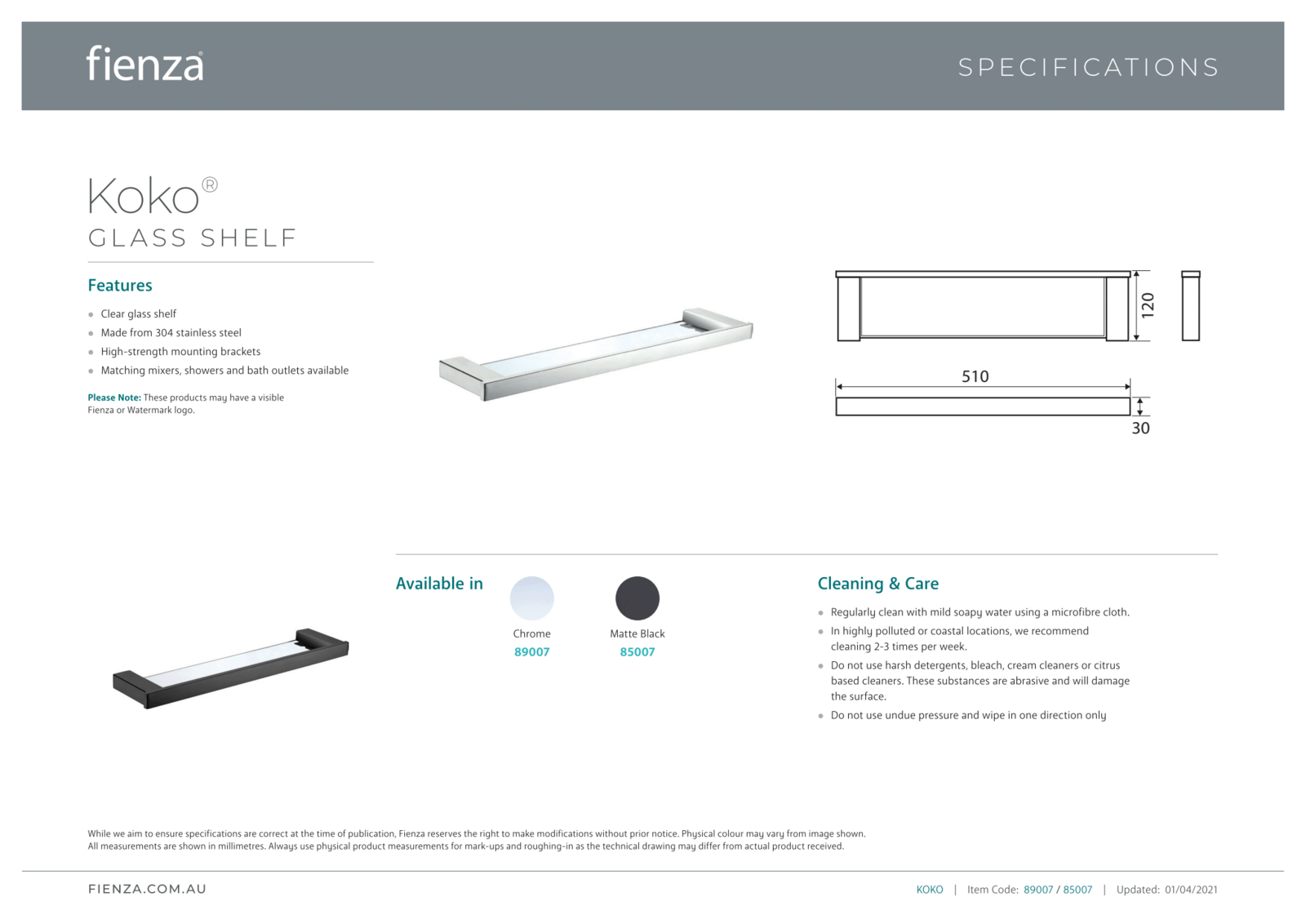 Fienza Koko 510mm Glass Shower Shelf Bathroom Soap Holder Chrome 89007