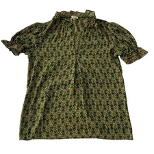 Max Studio Women's Ruffle Floral Short Sleeve V-neck Blouse Green Size XS