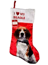 "I Love My Beagle" Dog Christmas Stocking Red Satin Fur Cuff Holiday Time NEW