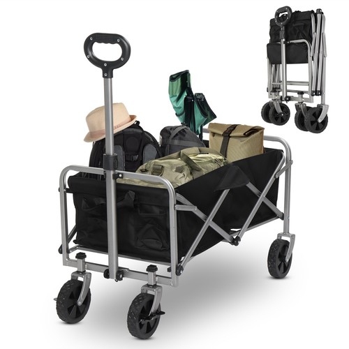 Heavy Duty Folding Utility Wagon – Collapsible Garden Beach Cart, 330lb Capacity, 4 Wheels, Black 600D Oxford