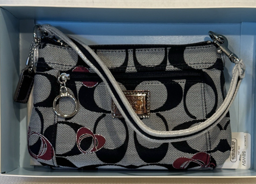 EUC Coach Women's Signature Black White Silver Poppy Large Wristlet Purse - Picture 2 of 23
