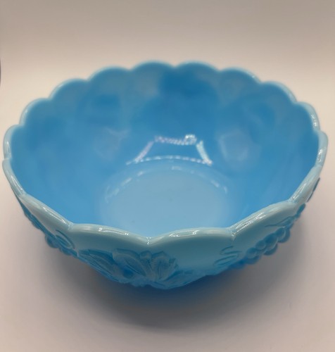 Blue Milk Glass Bowl Grapes And Grape Leaves - Picture 2 of 8