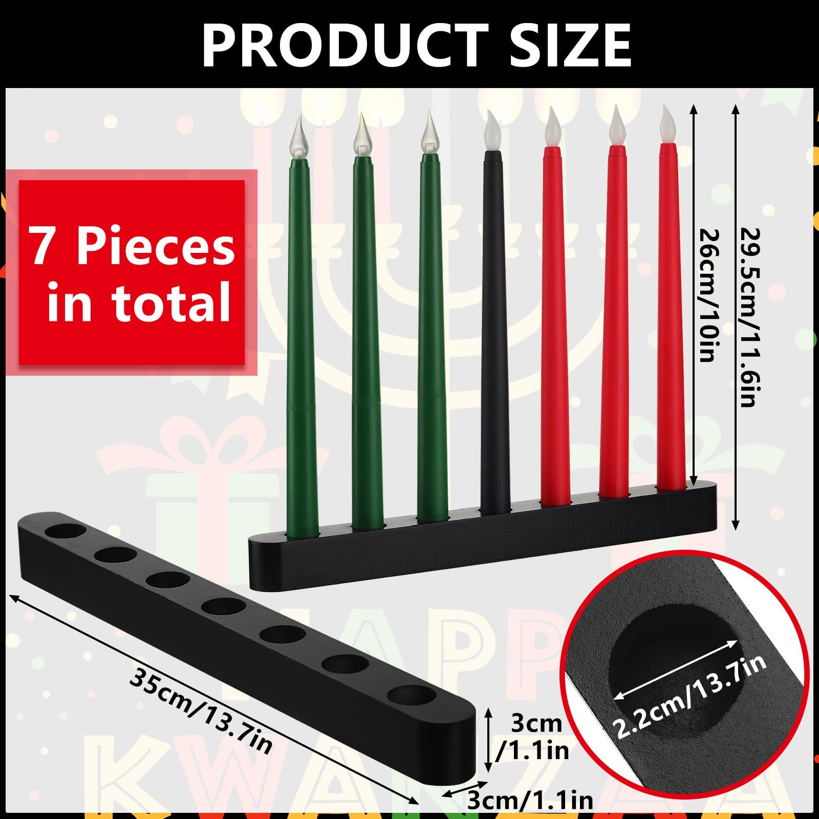 8 Pieces Kwanzaa Kinara Set 7 Kwanzaa LED Candles and 1 Candle Holder Flamele...