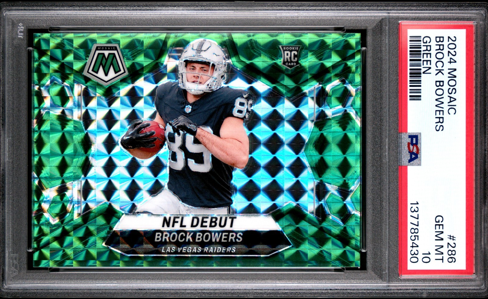 2024 PANINI MOSAIC 286 BROCK BOWERS GREEN PRIZM PSA 10