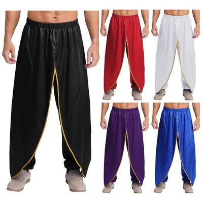 Mens Satin India Dhoti Irregular Overlay Bloomers Arabian Prince Harem Pants