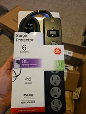 GE 6-Outlet Surge Protector 8ft Extension Cord Power Strip 1300Joules Flat