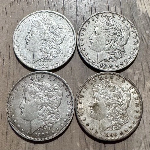 Lot of (4) Pre-21 Morgan Silver Dollars, 1882-O, 1889-O, 1890-O, 1890-S, XF/AU
