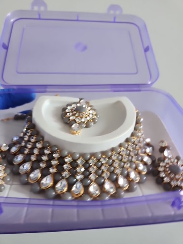 Set collana gioielli indiani pakistani in perle grigie pietra perle - Foto 5 di 8
