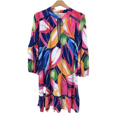 Crown & Ivy Womens Tropical Abstract Leaf Shift Dress XL Ruffle Hem Tassel Tie