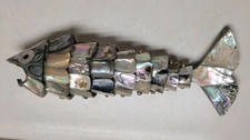 Vintage Mexican Articulated Fish Bottle Opener Abalone Shell Inlay 7 Inches