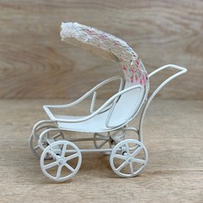 Vintage Dollhouse Miniature White Painted Metal Stroller Pram Carriage Floral
