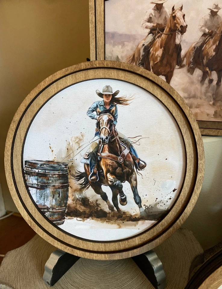 "Mini foto con marco de madera vaquera de caballo corredor de barril occidental 8""x8""" Foto 2 de 2