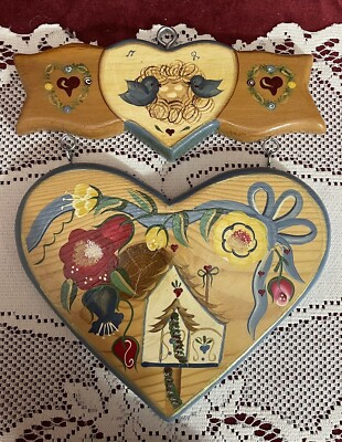 Vintage 1995 Hand Painted Solid Wood Hanging Heart Home Decor, ADL Inc