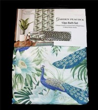 13-Pc PEACOCK GARDEN Tropical Floral Shower Curtain  Metal Ball Roller Hooks