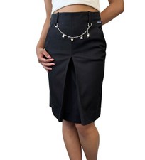 CELINE Vintage Macadam Logo Skirt 34 Chain Charm Zip Black Cotton Rank AB 