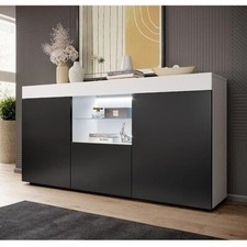 Bahut Sefora Meuble en mélanine mate avec éclairage LED | Couleur Blanc et Noir