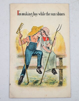  Early Vintage Postcard Romance Love Making Hay While The Sun Shines Pitchfork 