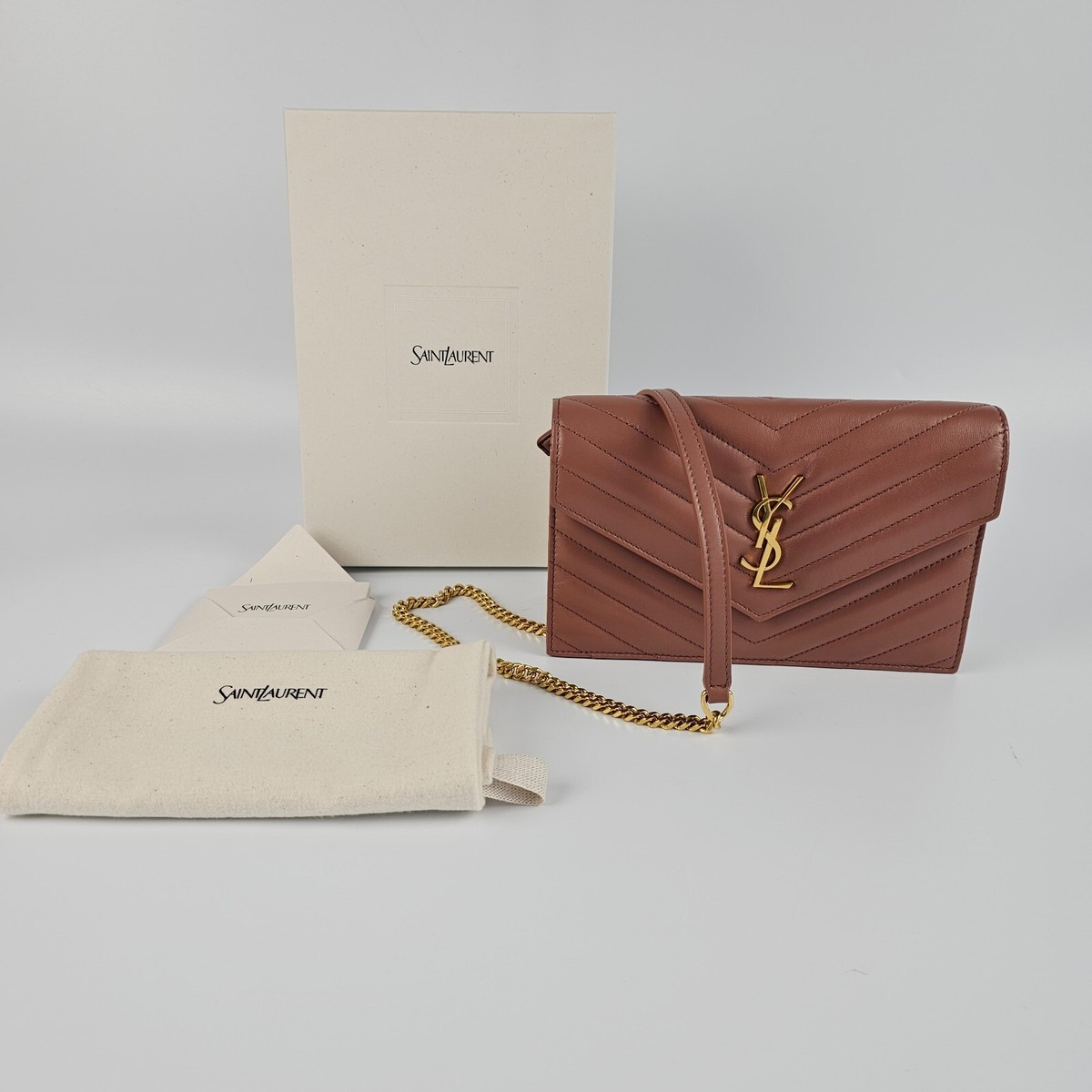 SAINT LAURENT Cassandre Envelope Barely Pink Leather Chain