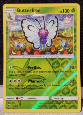 Pokemon Card Butterfree 3/149 Rare Reverse Holo Sun & Moon Base Set NM