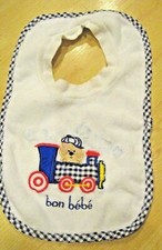 New BON BEBE Blue Gingham White Terry BABY BIB Bear Choo Choo Train Crew Neck