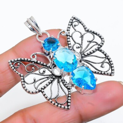 Swiss Blue Topaz Gemstone Handmade 925 Sterling Silver Jewelry Pendant Sz 2''
