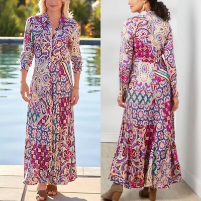 NEW Soft Surroundings Palmero Soho Maxi Dress Button Front Long Sleeves Sz Large