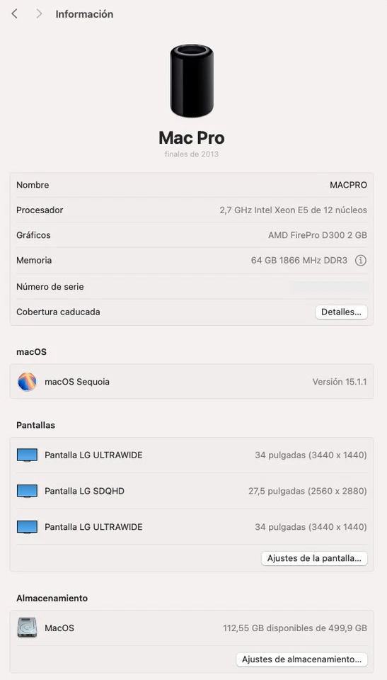 Mac Pro 2013 - 12 Cores - 64GB RAM - 512SSD WD Black - Mac OS Sequoia 15.1 - Imagen 2 de 4