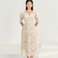 Womens Lace Embroidery Short Sleeve Slim Fit Mid Long Over Knee Pencil Dress New