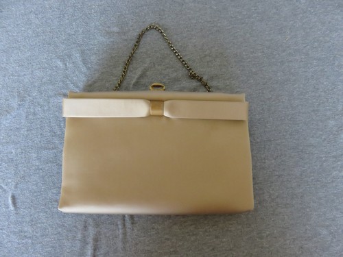 Vintage After Five Clutch Purse Womens Small Gold Satin Bow Chain Evening