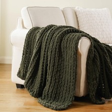 Soft Olive Green Chunky Knit Throw Blanket - Thick Chenille 50"x60" Crochet Deco
