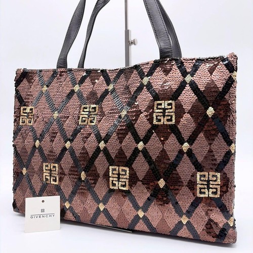 GIVENCHY Hand Bag Tote Purse 4G Sequins Brown Black Authentic