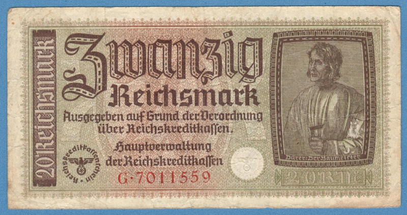 1940-45 GERMANY OCCUPIED TERRITORIES 20 RM EAGLE W/H SWASTIKA 927