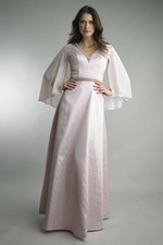 Crystal-Trimmed Cape Sleeve Evening Gown