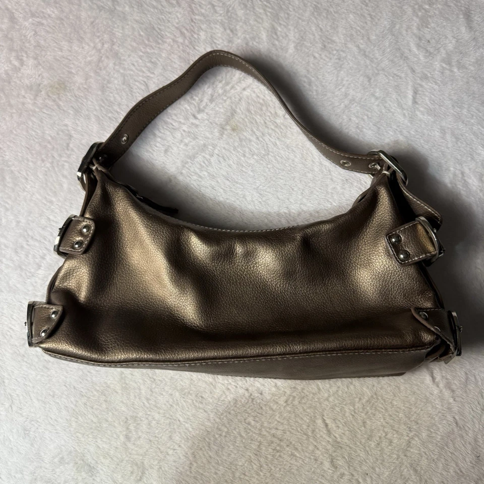 Vtg Bronze Mini Bag Purse Y2K 2000s Buckle Detail Shoulder Strap Metallic Hobo - Image 3 of 4