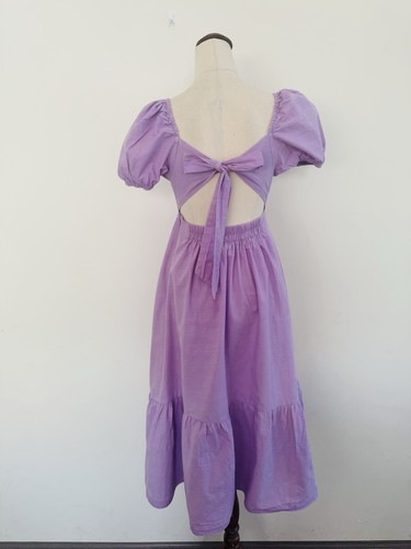 Princess Highway Cotton Midi Dress Size 8 Lilac Purple Puff Sleeve Tie Back - Picture 8 of 13
