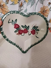 Chaperal Heart Shaped Divided Serving Dish Spongeware Green Fruit Motif Relish