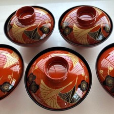 Japanese Lacquer Bowls Crane Ginkgo Design Set of 5