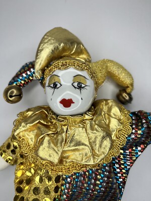 Harlequin Jester Porcelain Doll Clown Carnival Mardi Gras Hand Painted 8 
