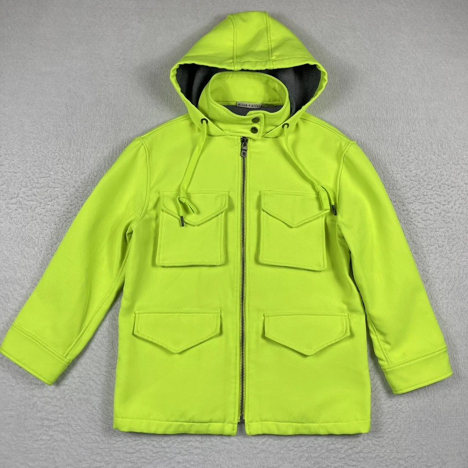 Alice Olivia Jacket Womens Small Yellow Russo Hooded Zip Coat Neon Trendy Chic - Image 2 of 4