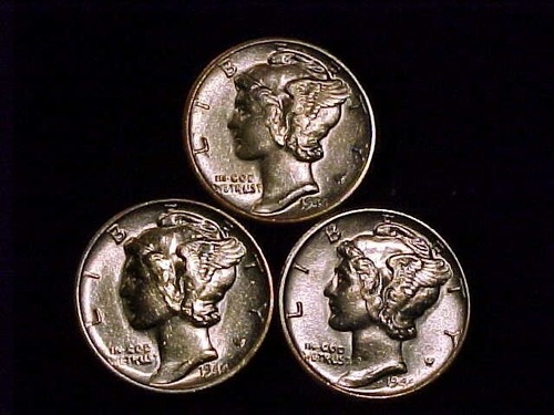 1944-P, 1944-D and 1944-S About Uncirculated Mercury Dimes, a (3) Three Coin Lot