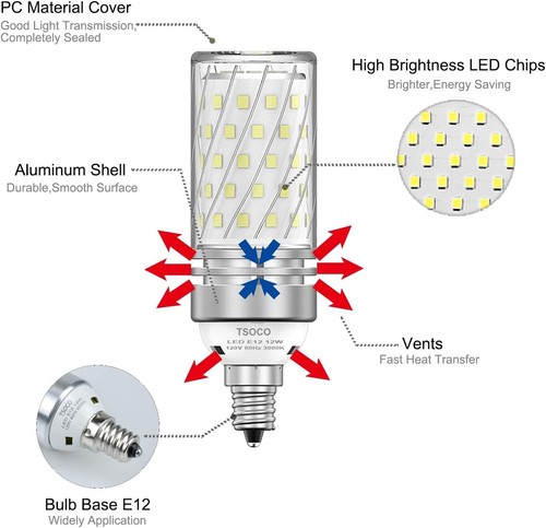 E12 LED Light Bulbs, 12W LED Candelabra Bulbs 100 Watt Equivalent, 1200LM, 6000K - Picture 10 of 12