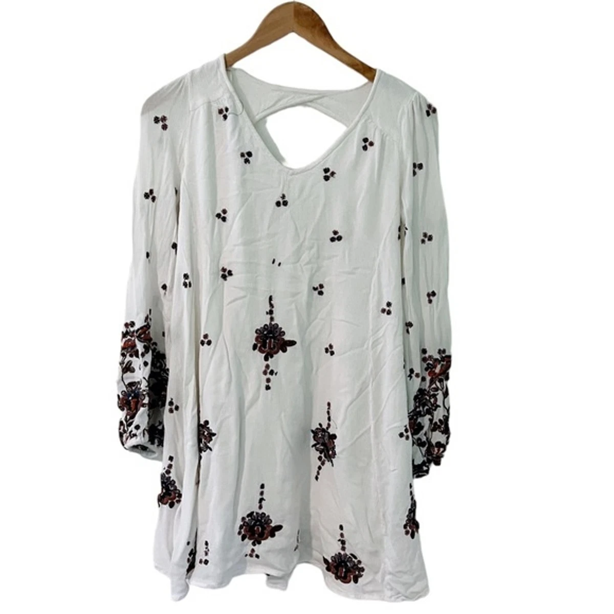 Free People White Floral Embroidered Long Sleeve Austin Mini Dress