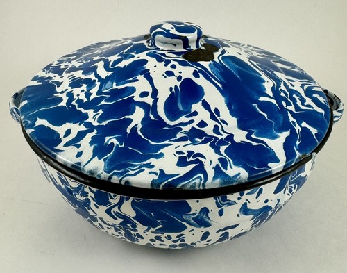 Vintage blau Swirl Emaillegeschirr Granitgeschirr Topf mit Deckel und Griffen - Bild 1 von 10